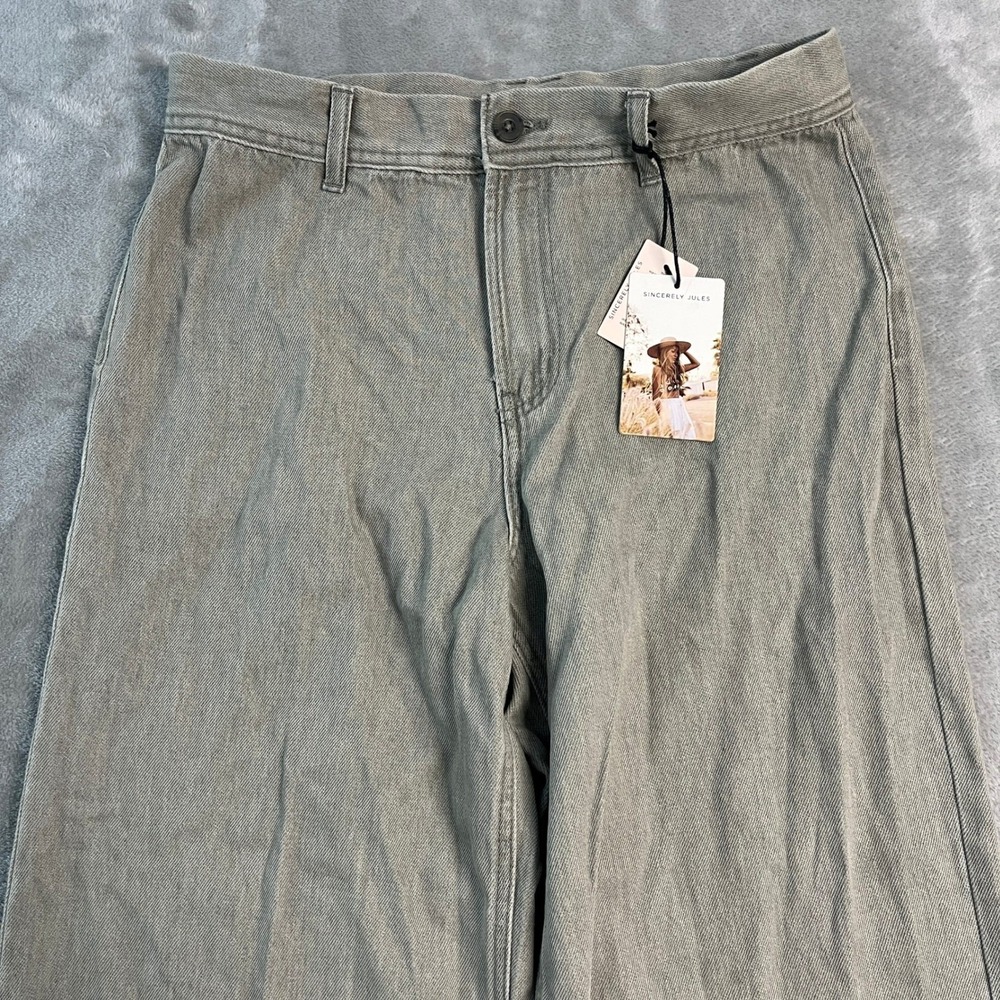 NWT Sincerely Jules Womens 9/29 Wide Leg Denim Pants Gray Green High Rise Boho - Picture 2 of 12